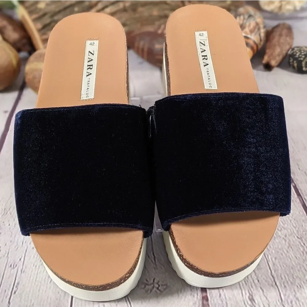 Zara Trafaluc Blue Velvet Platform Slides Sandals